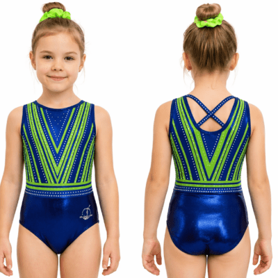 Blue/Lime Domino Girls Gymnastics leotard with Crystals